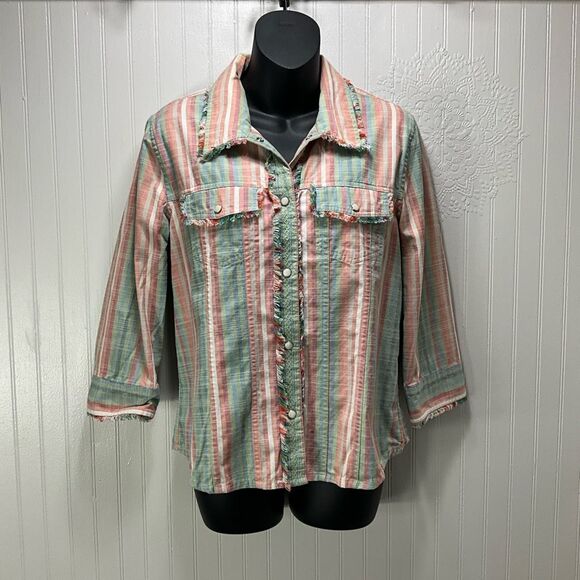 CHRISTOPHER & BANKS Striped Canvas Pearl Snap Shirt - Picture 1 of 4